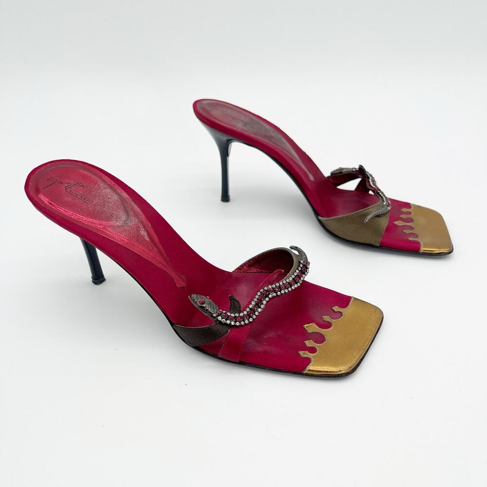 Giuseppe Zanotti Vicini Vintage Crystal Snake Red Gold Square Toe Mules IT 38 - Picture 2 of 11